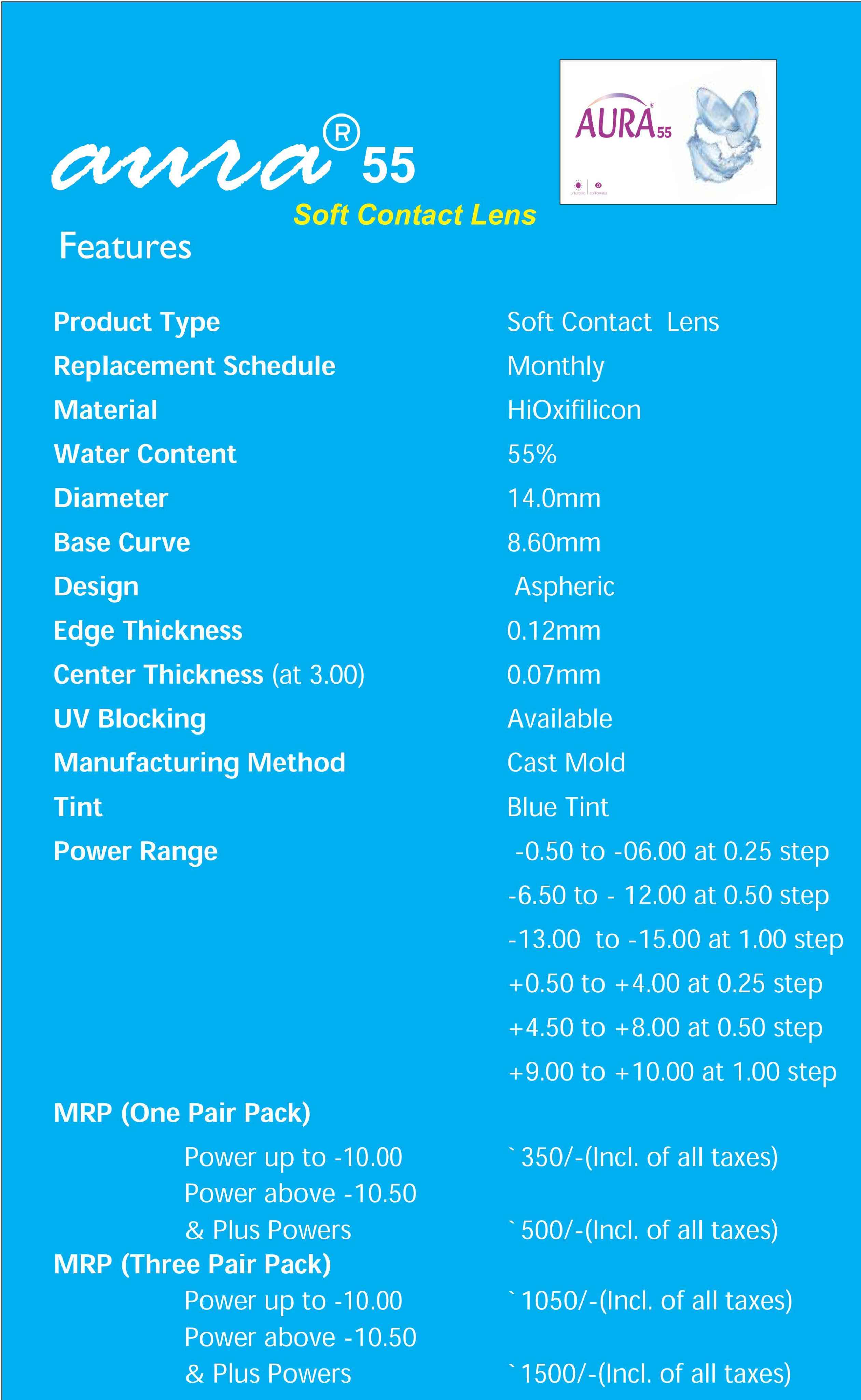 Aura 55 Soft Contact Lens High Power (6 Lens Pack)