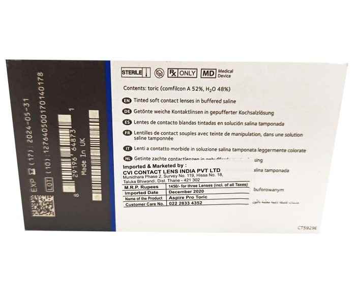 CooperVision ASPIRE PRO Toric Monthly Disposable Spherical Silicone Hydrogel Lenses (3 Lenses/Box)