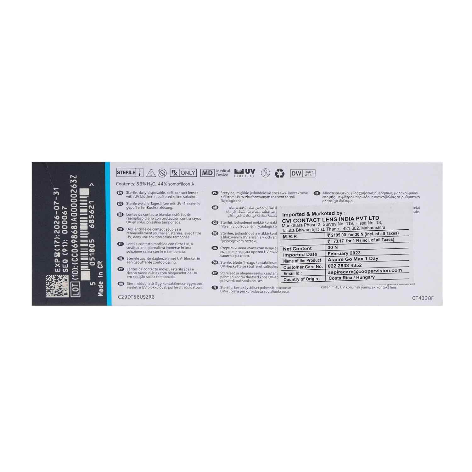 CooperVision Aspire Go Max UV Spherical Daily Disposable Silicon Hydrogel Lenses (30 Lenses/Box)